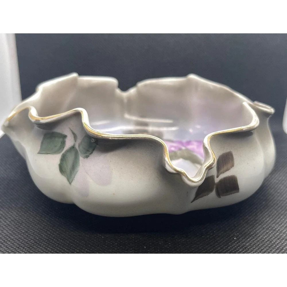 Vintage Noritake Porcelain Cigar Ashtray Ruffled Edge Hand Painted Purple Flower